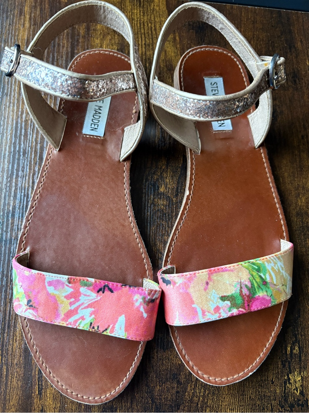 Steve Madden Floral Pink and Gold Ankle-Strap Sandals